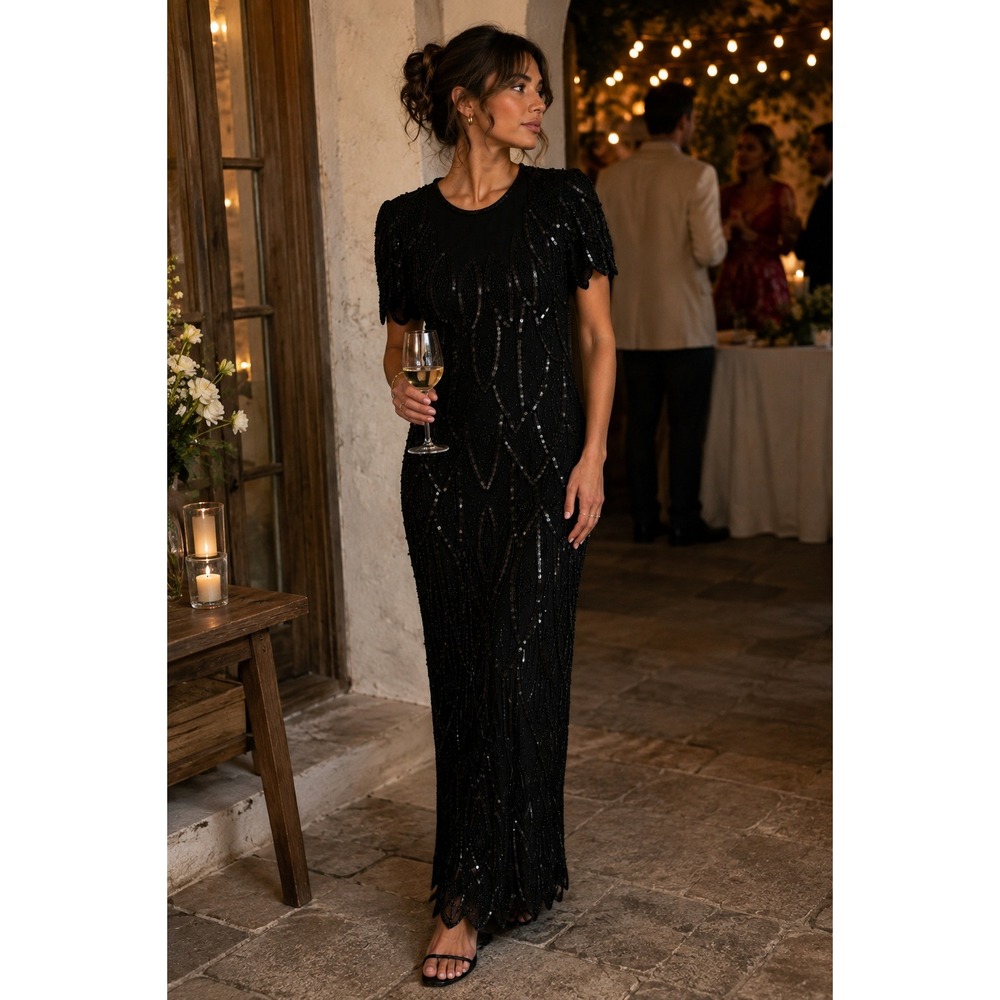 Stenay Vintage Black Silk Beaded Sequin Maxi Dress Art Deco Gown Womens 6